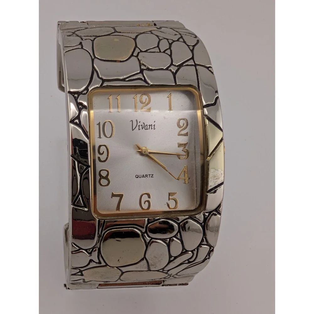 Vivani Silver Dial Square Case Hinge Bangle Bracelet Band Watch- New Battery